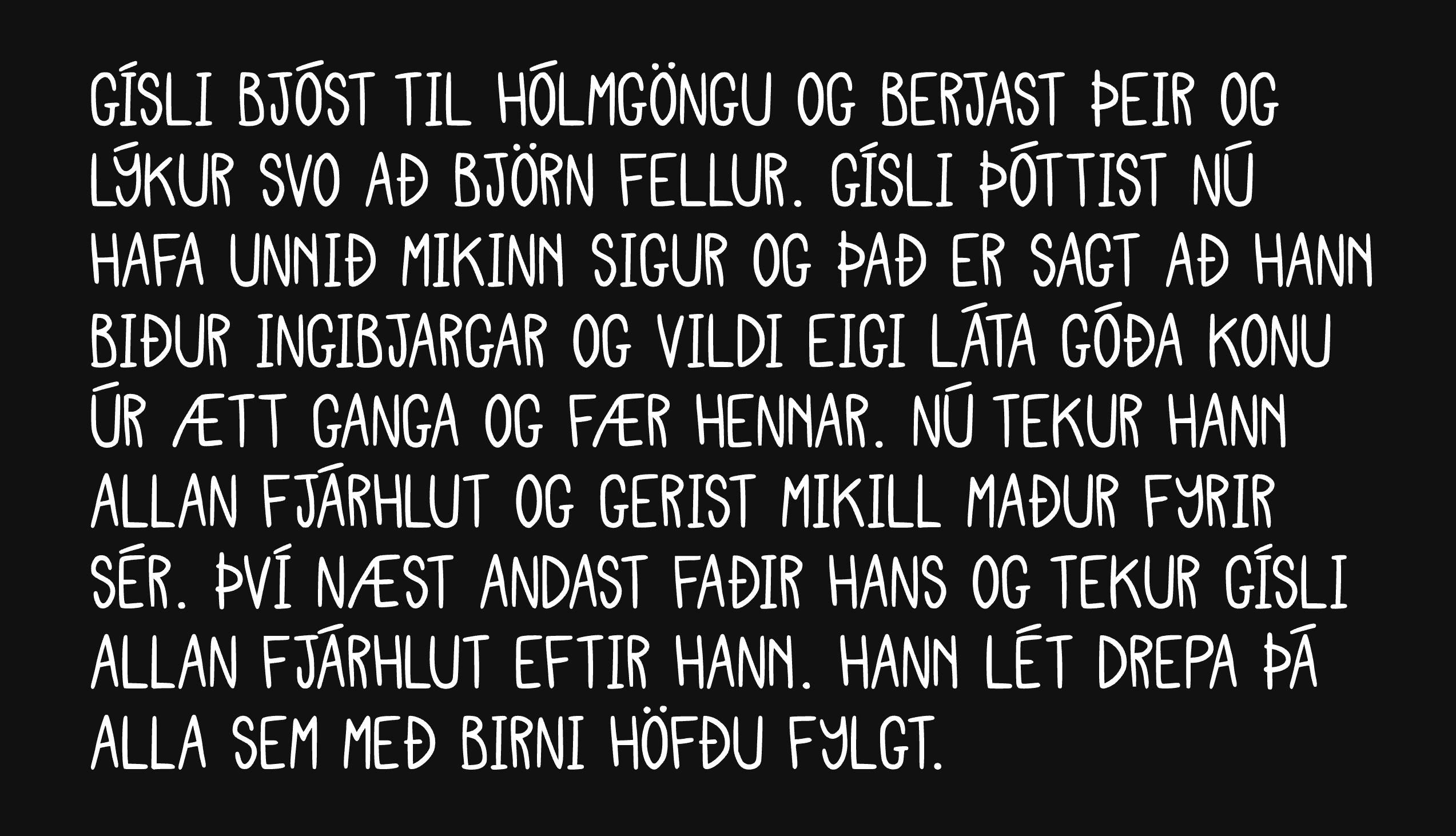 Passage from an Icelandic saga written in my hand-drawn font, in all caps.