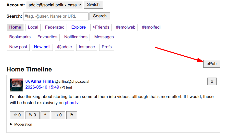 Screenshot of smolfedi timeline showing the button [ePub]