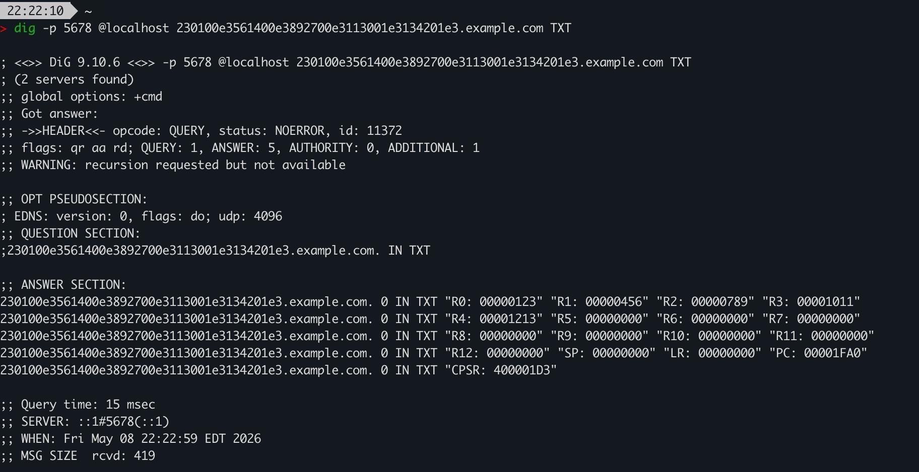 The “dig” command is run in a terminal, resolving a subdomain whose hex bytes represent a series of ARM “mov” instructions. TXT records are returned, showing current register state.