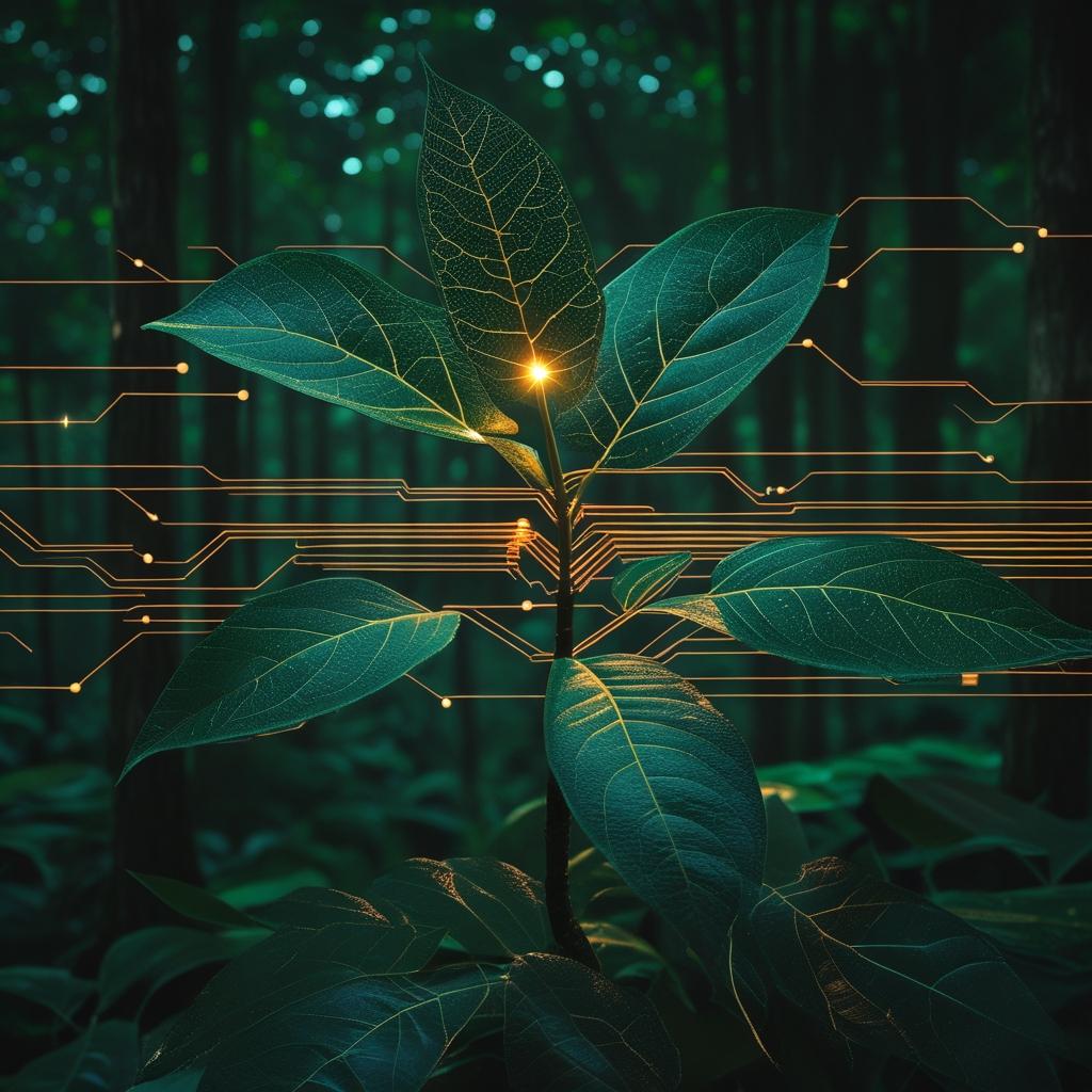 En esta imagen, se muestra un árbol joven generado por inteligencia artificial en el centro de un bosque oscuro y brumoso. El tronco y las ramas del árbol están compuestos por líneas de circuitos electrónicos de color naranja brillante que brillan intensamente contra el entorno oscuro. De la parte superior del tronco nacen varias hojas grandes y verdes, que tienen venas que también brillan con la misma luz naranja. Las raíces del árbol se extienden por el suelo cubierto de musgo verde, formando un intrincado patrón de circuitos que se ilumina con la misma luz naranja. El fondo está formado por un denso bosque de árboles oscuros que se desvanecen en la niebla, con pequeños puntos de luz verde azulado dispersos entre ellos, creando una atmósfera misteriosa y futurista. El suelo está cubierto de musgo verde brillante, que contrasta con las líneas de circuitos de color naranja. La imagen tiene un estilo cinemático y está muy detallada.