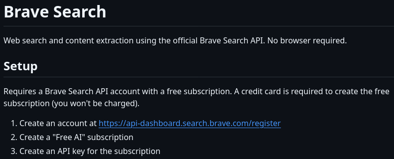 it's talking about a brave search 'agent skill'. It says two concerning things: 1. you need to sign up with a credit card 2. the subscription is called 'Free AI'