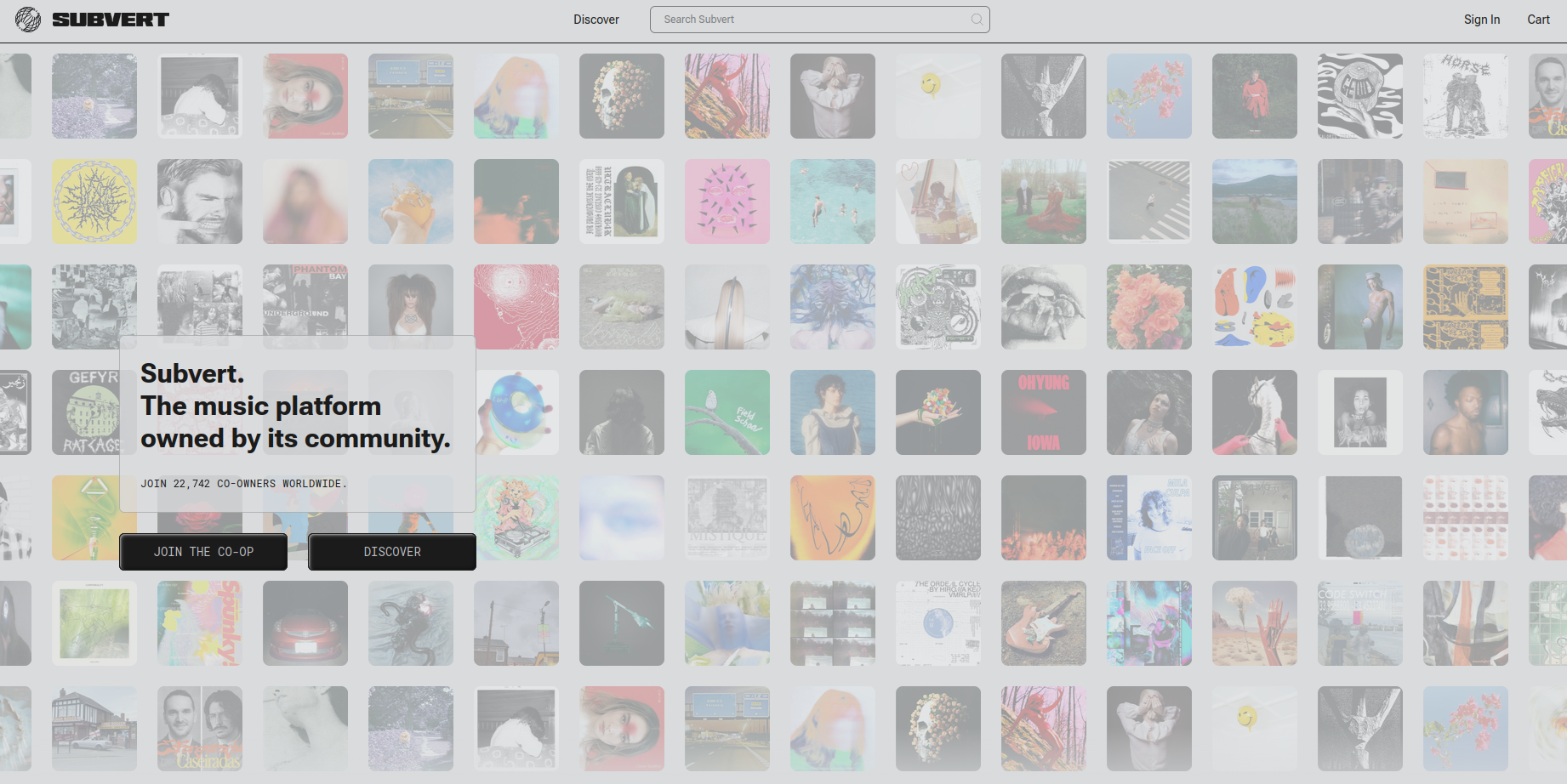 The homepage of subvert.fm, consisting of a grid of release covers.