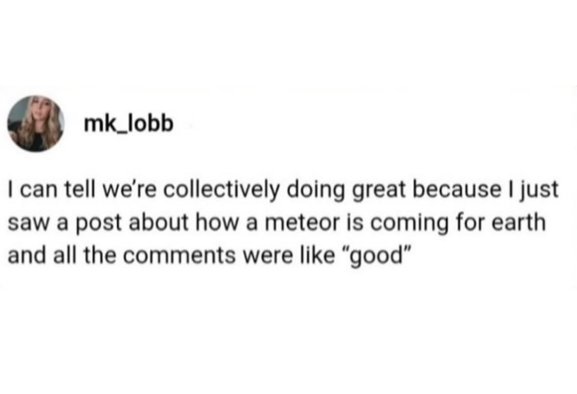 mk_lobb says  I can tell we're collectively doing great because I just saw a post about how a meteor is coming for earth and all the comments were like "good"