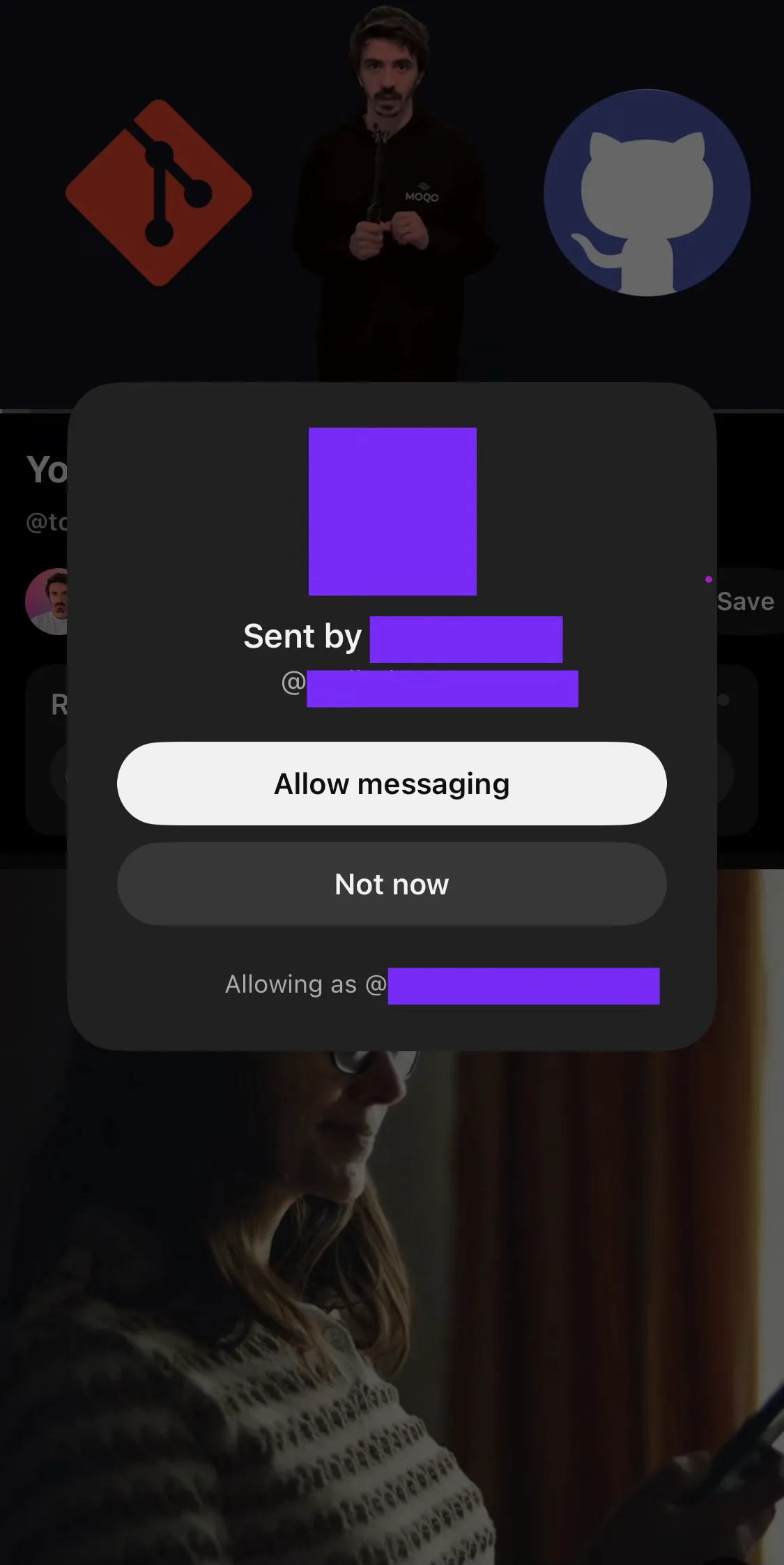 screenshot of the youtube app a popup says “sent by …” and lists account name and handle along with two buttons “allow messaging” and “not now”