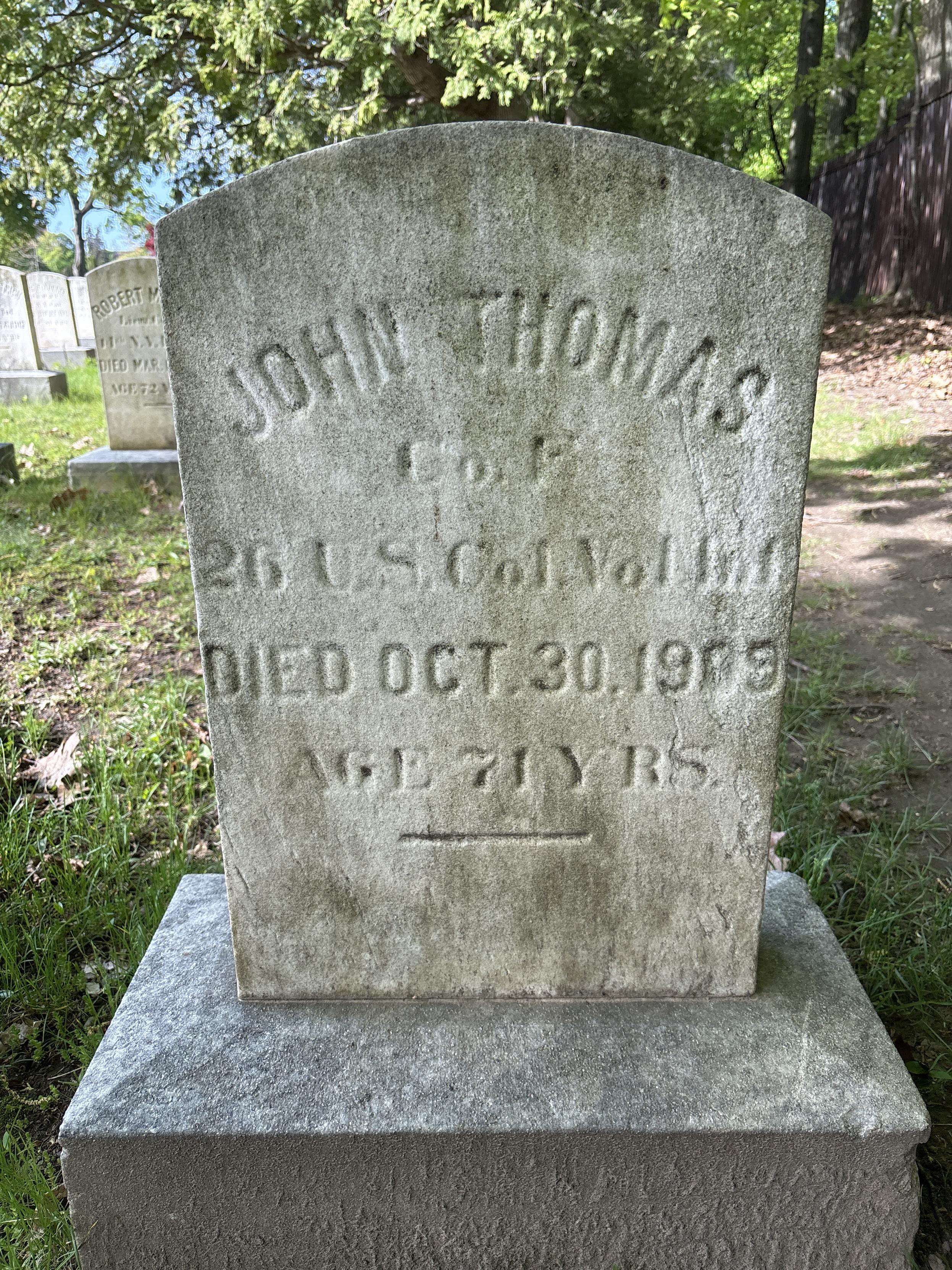 grave of Trooper John Thomas, 26th US Colored Volunteer Infantry Regiment, died 30 OCT 1909 at age 71