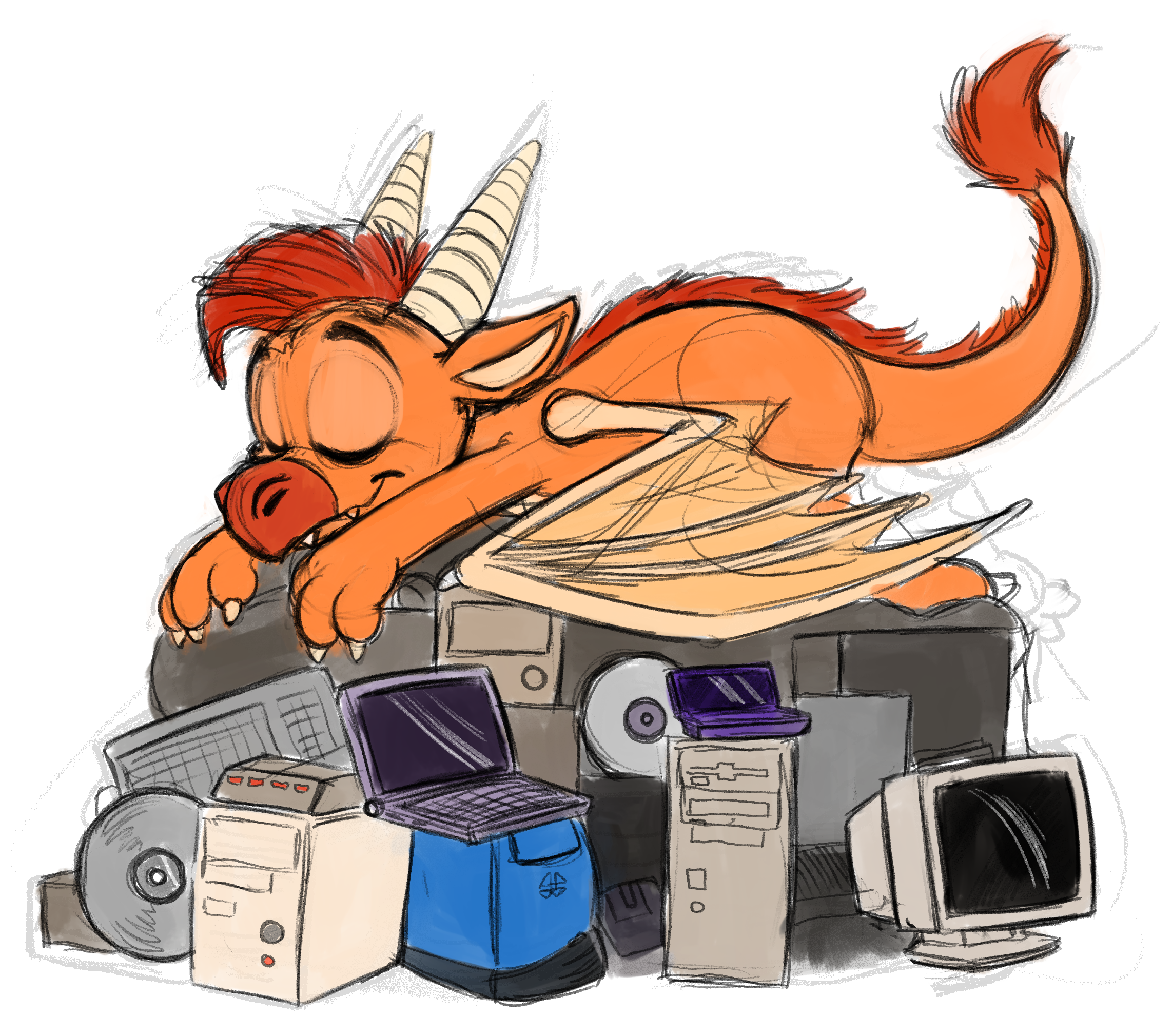 Drawing of an orange cartoon dragon on a pile of old computers