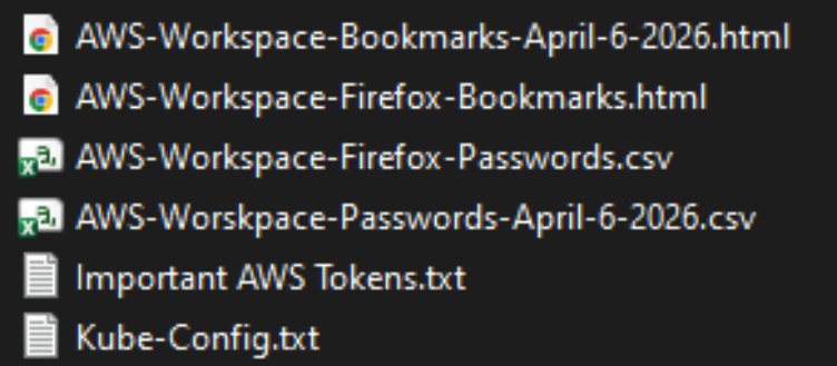 A listing of files exposed by the "Private CISA" GitHub repo include:  The Private CISA GitHub repo exposed dozens of plaintext credentials to important CISA GovCloud resources. The filenames include AWS-Workspace-Bookmarks-April-6-2026.html, AWS-Workspace-Firefox-Passwords.csv, Important AWS Tokens.txt, kube-config.txt, etc.