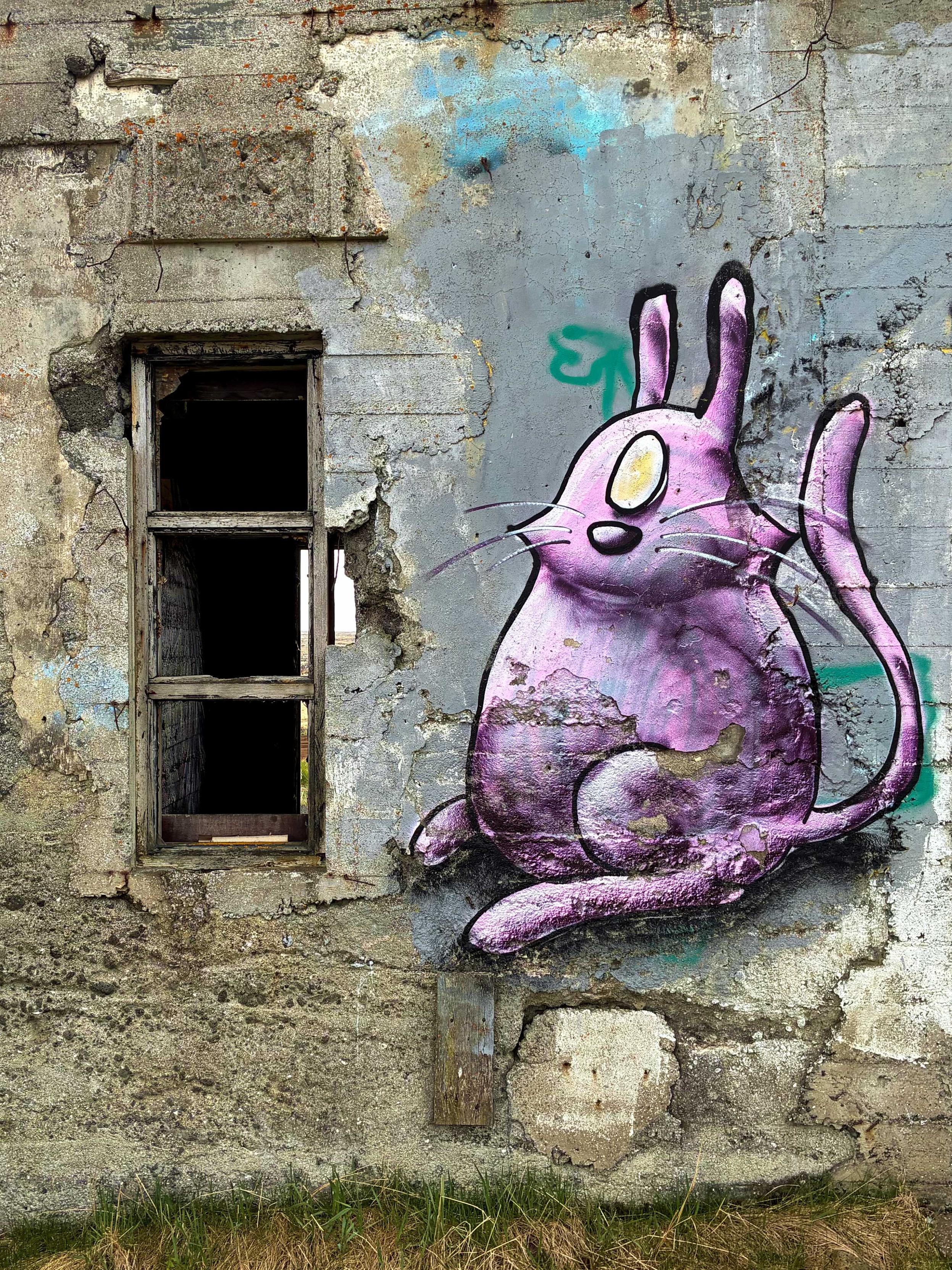 A small window against a concrete wall with some graffiti.