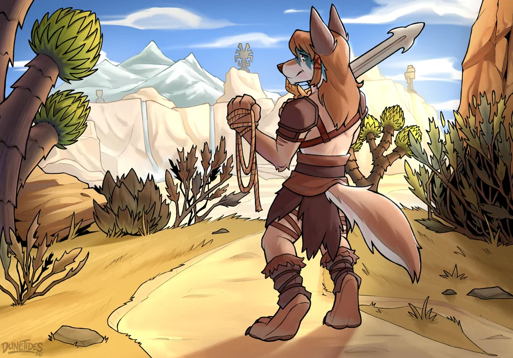 Barbarian Egee stands at a vista overlooking a valley. There's a cliff with waterfalls and mountains in the distance.