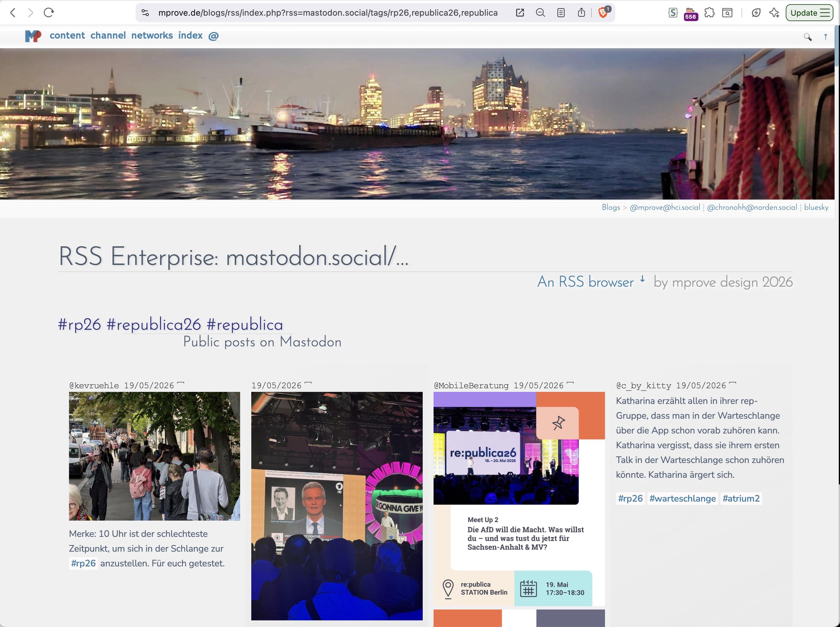 Screenshot einer Webseite mit vier Mastodon Kacheln der re:publica.
