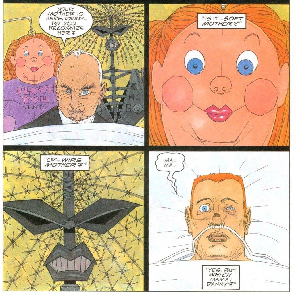 Your mother is here, danny... do you recognize her? “Is it soft mother ?” “Or wire mother?” “ma… ma…” “Yes, but which mama, danny?”