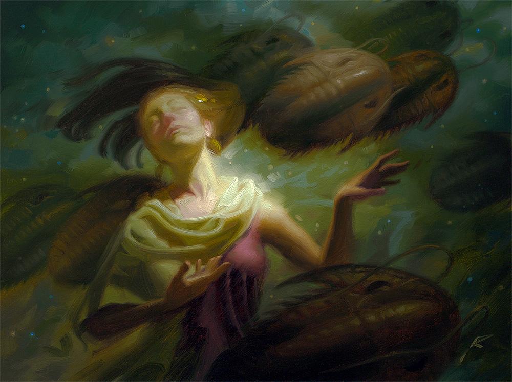 Oil painting of a woman with trilobites.
