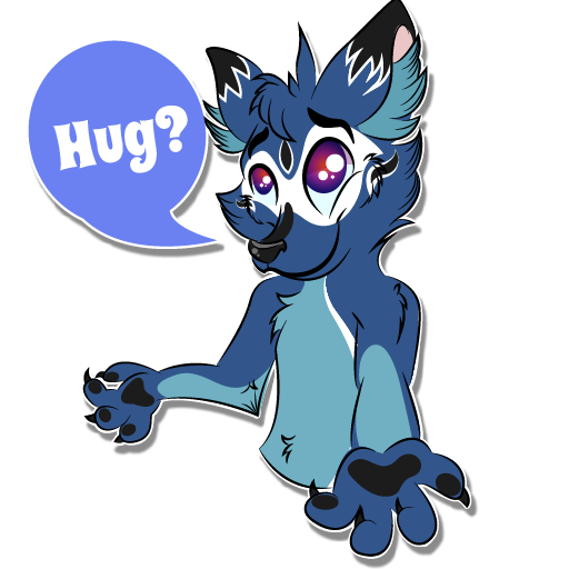A blue fluffy dhole boy opening his arms in a friendly gesture with a warm smile on his face. A cartoon speech bubble simply says, "Hug?"