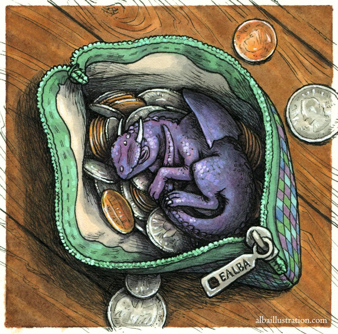 A tiny purple dragon sleeps on a pile of coins inside of an open zipper pouch.