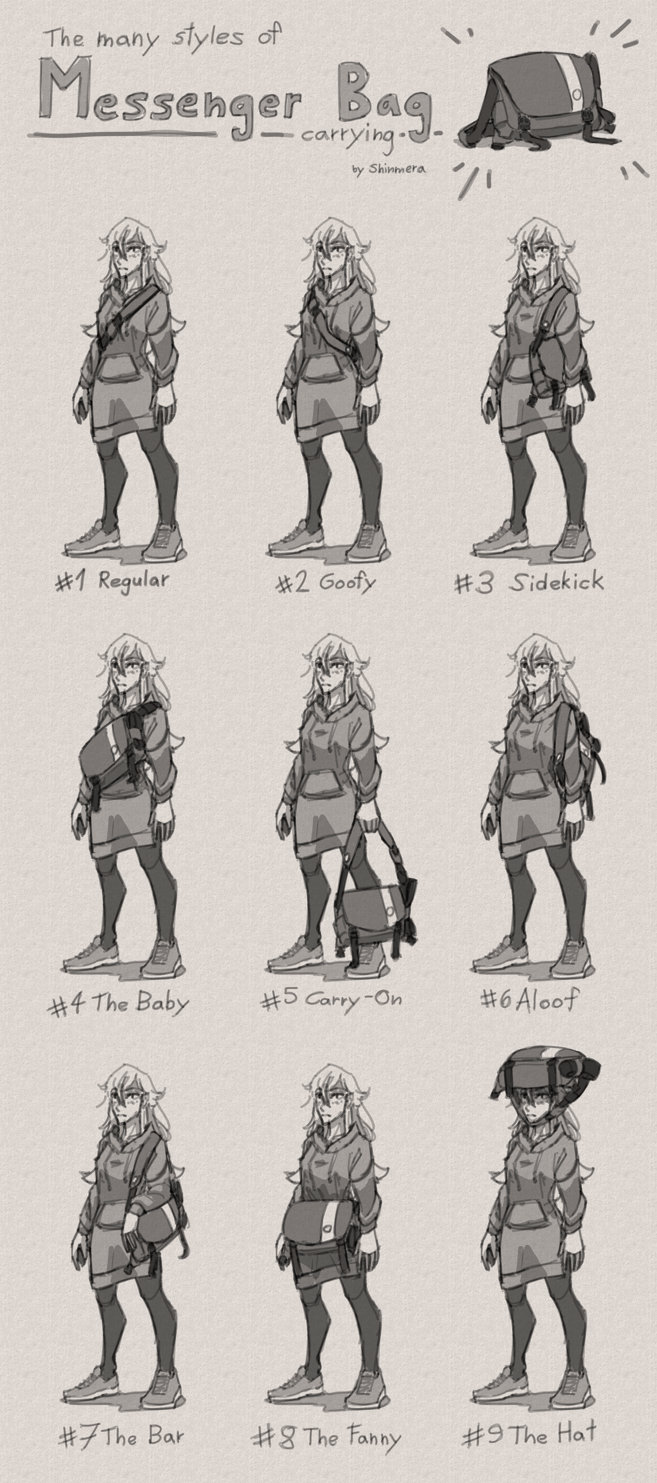 A drawing in the form of an infographic, titled "The many styles of messenger bag carrying". There are 9 figures in the drawing of the same character carrying a messenger bag in different ways. They are labelled as such: 1. Regular (Carrying on the back over the shoulder) 2. Goofy (Carrying on the back but over the other shoulder) 3. Sidekick (Carrying over the shoulder, between torso and arm) 4. The Baby (Carrying over the shoulder but on the front) 5. Carry-On (Holding it) 6. Aloof (Carrying over the shoulder but out back) 7. The Bar (Carrying over the shoulder with the forearm resting on it) 8. The Fanny (Carrying around the waist) 9. The Hat (Carrying on the head, with the strap around the chin)