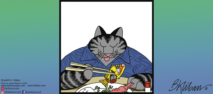 Kliban image of cat in kimono eating fish with chopsticks