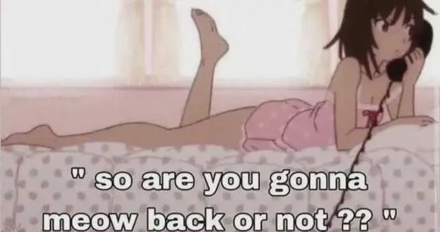 Girl in bed frowning with old phone to her ear "so are you goinna meow back or not??"