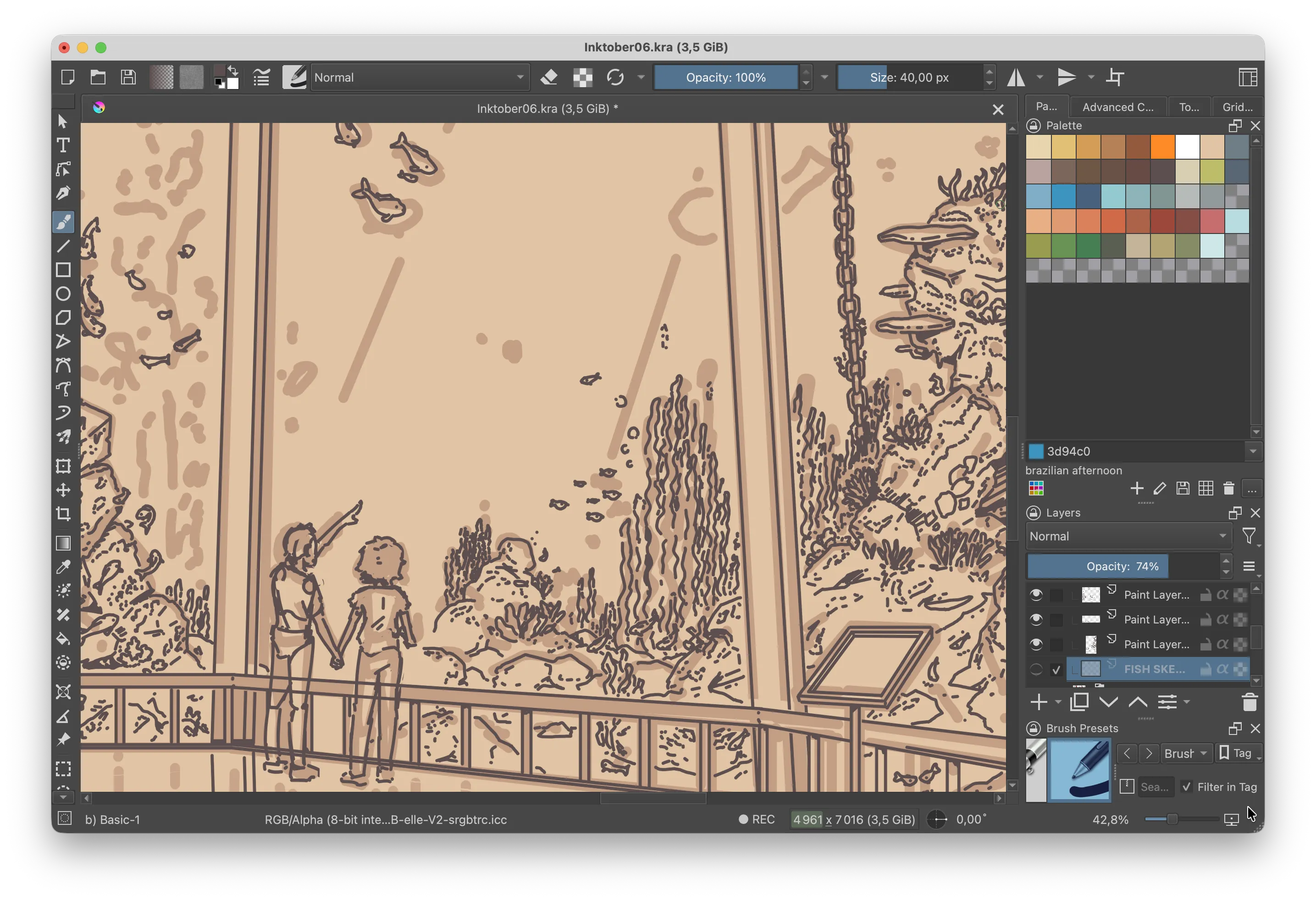 Screenshot of Krita, showing a work in progress illustration, half inked, of an aquarium scene full of details where a couple is standing in front of a gigantic aquarium