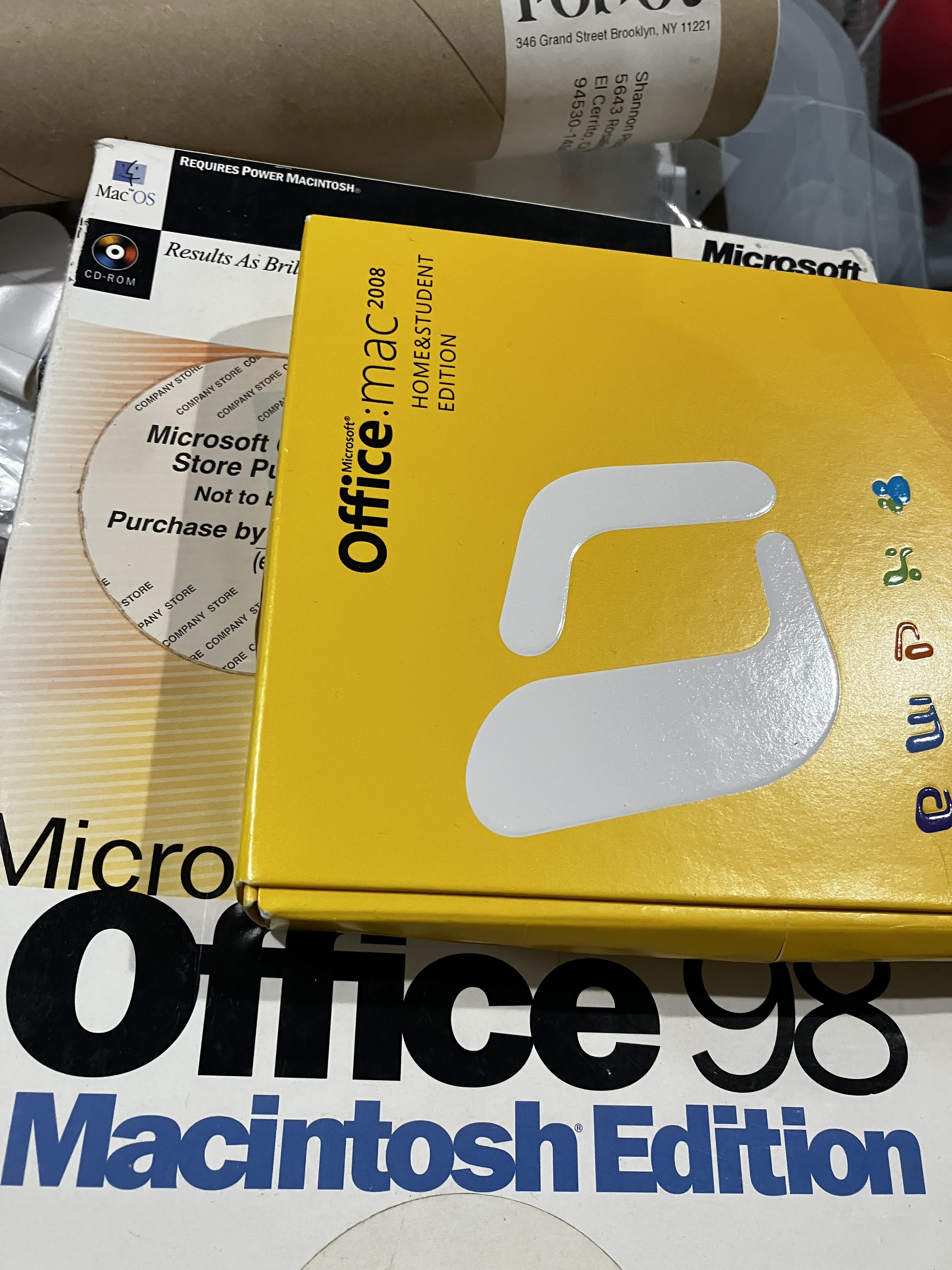 MicroSlop Office 2008 for Mac & MixroSlop Office 98 for Mac boxes containing software  & documentation which need no internet to function & can’t be remotely deactivated by a vendor after the fact.