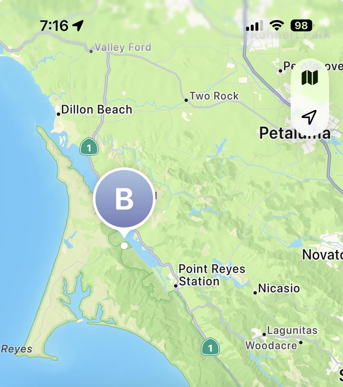 map showing a marker near Inverness, in Marin County California