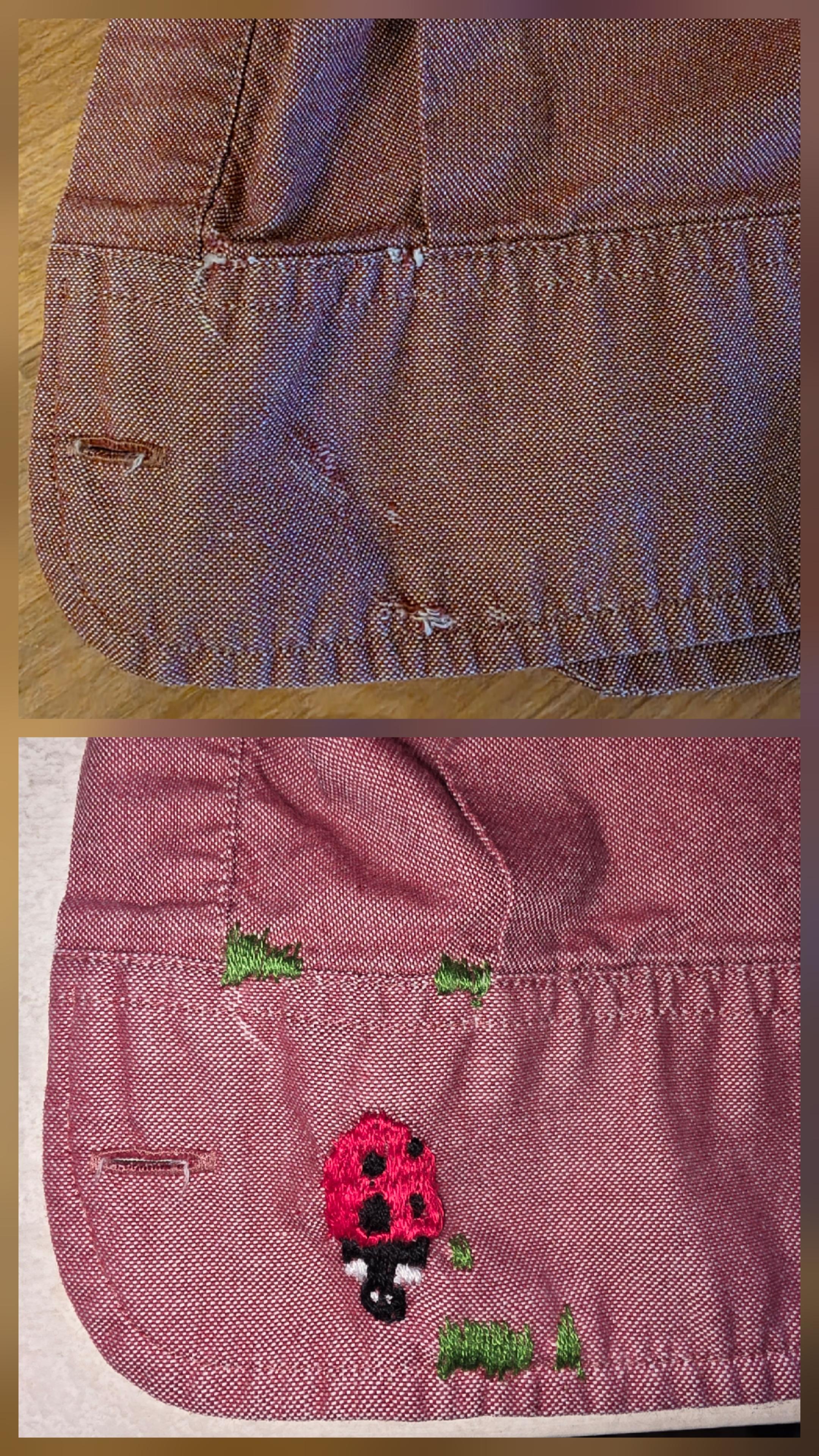 Before and after imagine of a pink shirt cuff repaired by embroidery of tuffs of grass and a lady bug