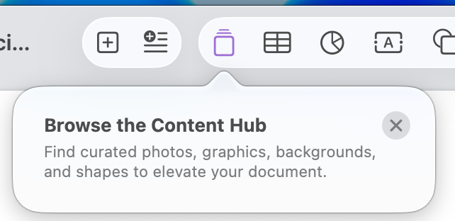 Apple Pages offering "Browse the Content Hub": "Find curated photos, graphics, backgrounds, and shapes to elevate your document."