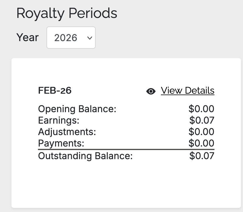 Royalty Periods Year: 2026 Feb-26 Opening Balance: $0.00 Earnings: $0.07 Adjustments: $0.00 Payments: $0.00 Outstanding Balance: $0.07