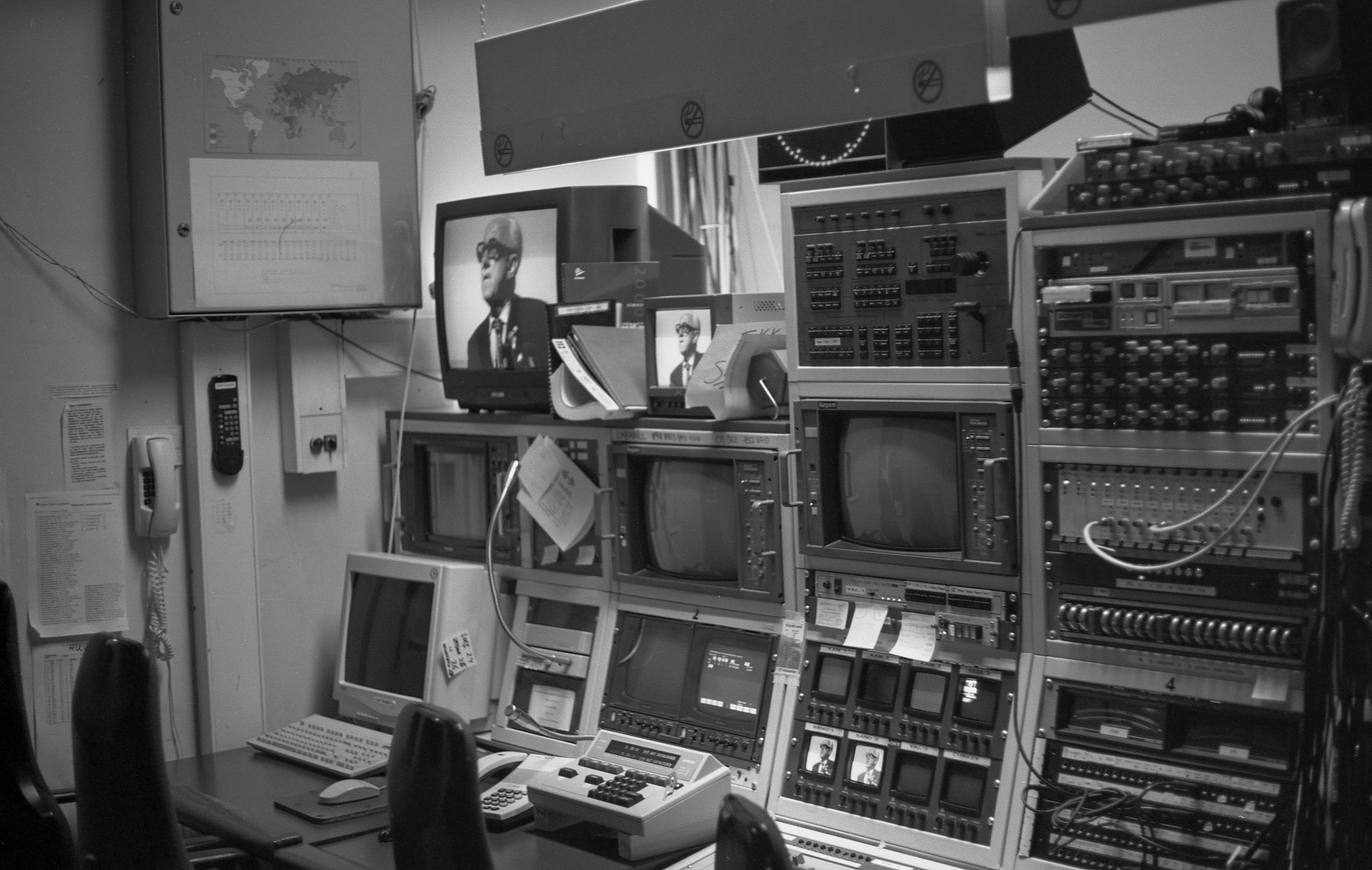 Inside the small newsroom studio control room at the old facilities that the Icelandic National Broadcasting Service had in Laugavegur. A documentary about the life of Halldór Laxness is being broadcast.