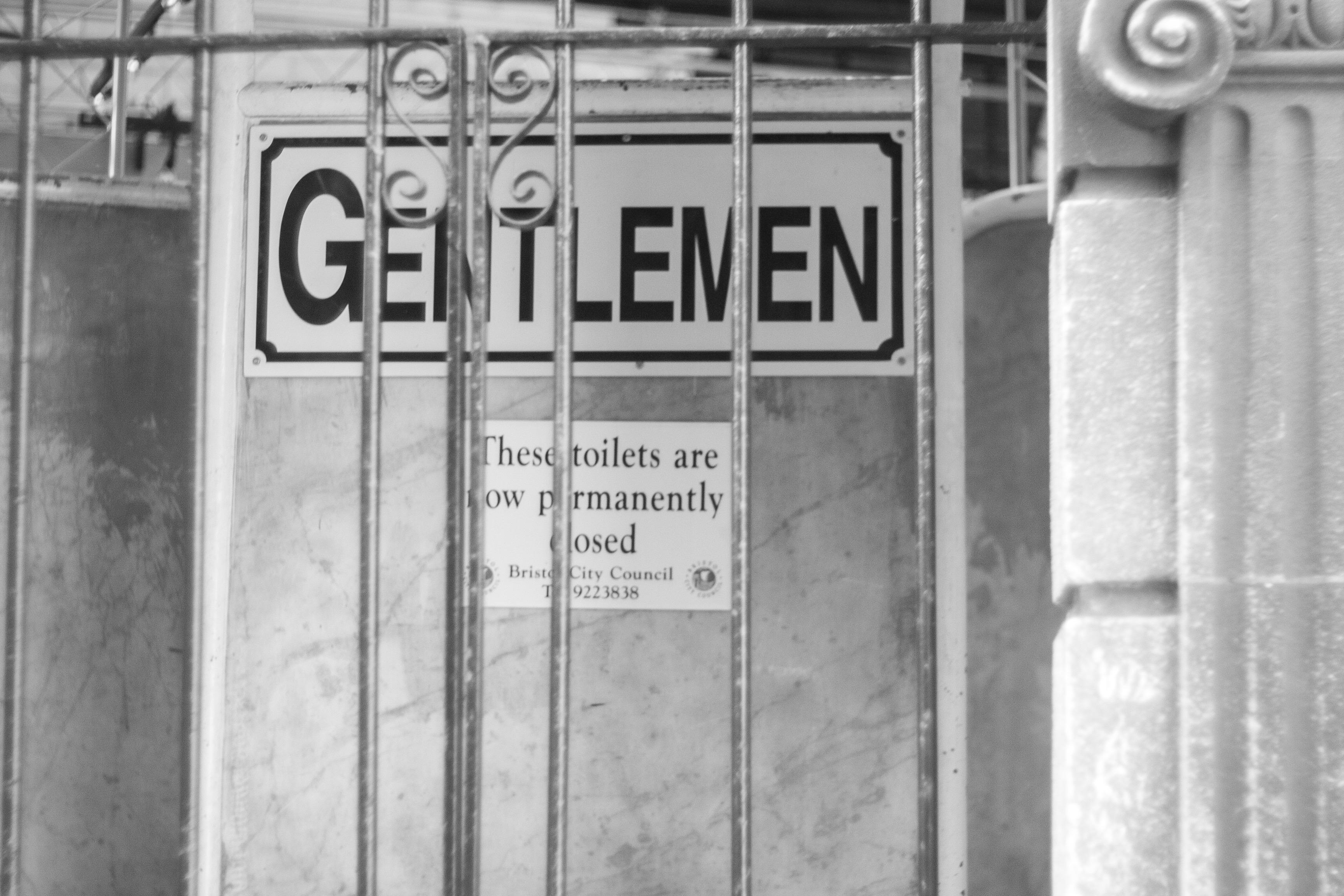 A photo of the “Gentlemen’s” public toilets in a park in Bristol. The sign says “these toilets are now permanently closed.”