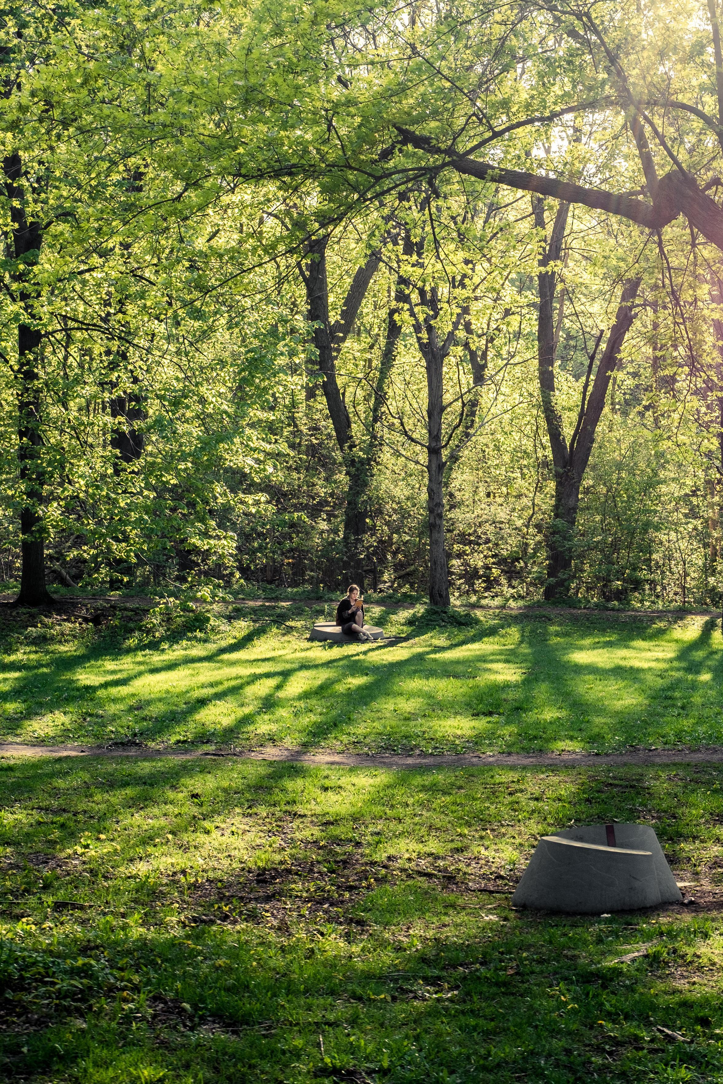 A woman reading a book in a public park in Montréal.