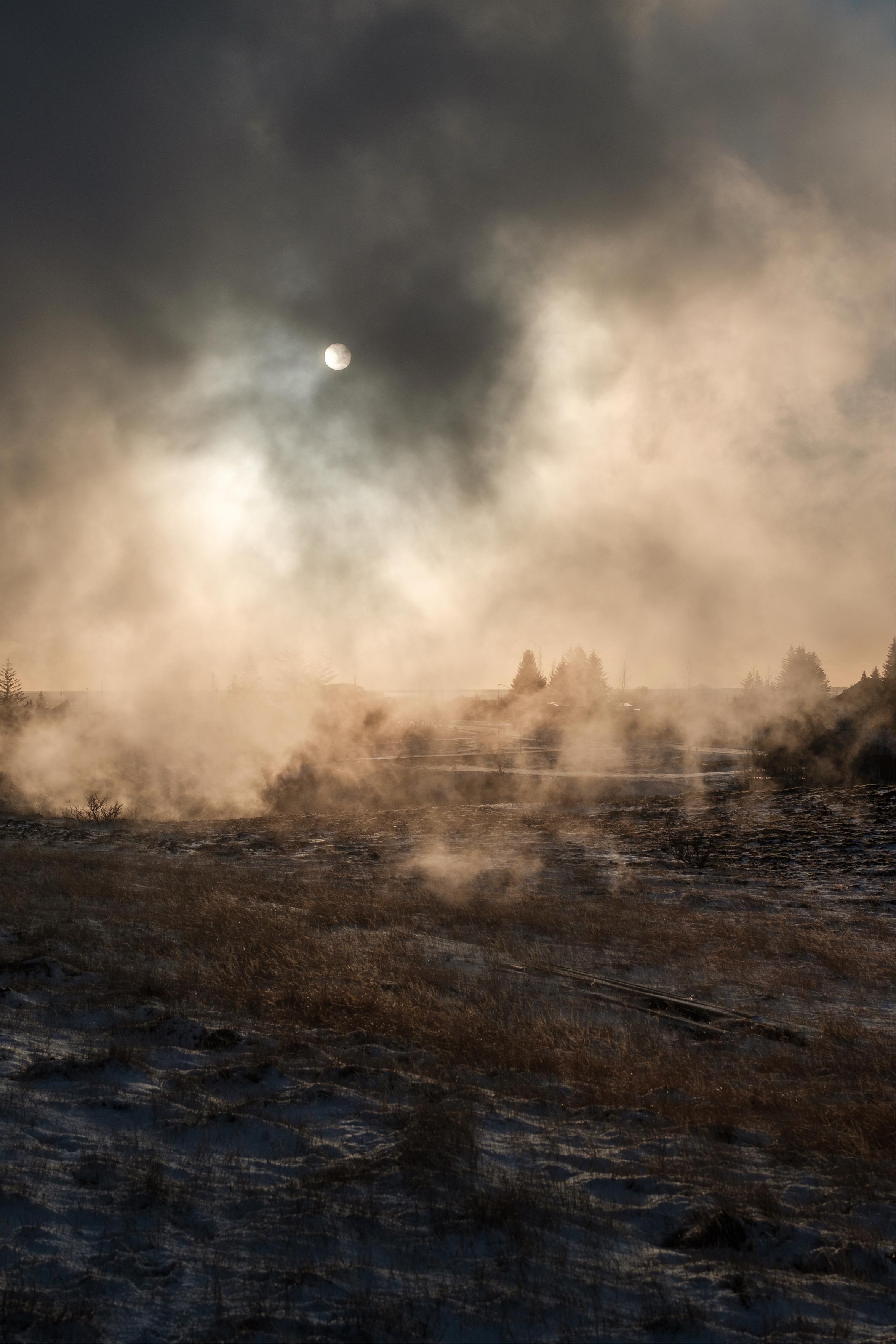 The sun seen through steam in Hveragerði.