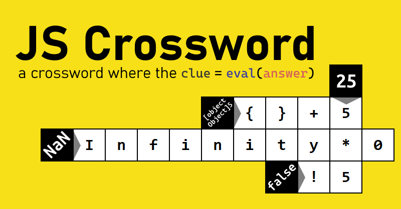 banner image - JS Crossword, a crossword where the clue = eval(answer) a mini-crossword is pictured underneath as a visual example
