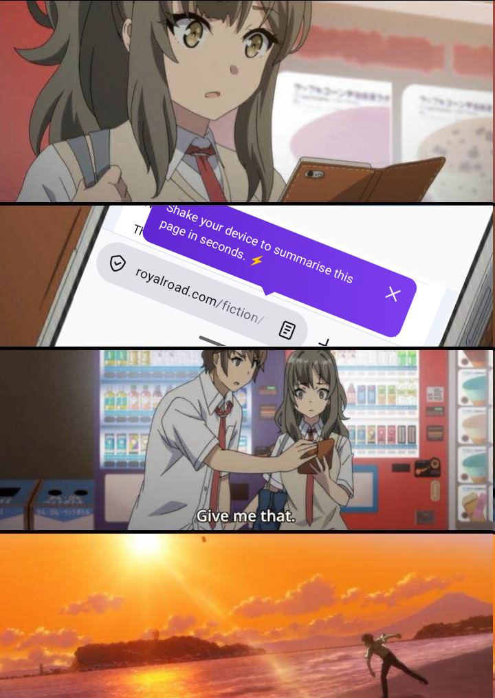 A cartoon in four panels. Panel 1: a woman is holding a  phone in her hand, looking at it in surprise. Panel 2: the phone’s screen is showing Firefox with the "Shake your device to summarize the page in seconds" message. Panel 3: a man is saying “Give me that” and taking the phone from the woman. Panel 4: the man is throwing the phone far out into the sea.