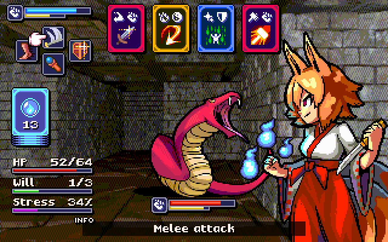 a kitsune with blue magic orbs and a tanto faces off against a giant snake set to a crunchy dithered 3D blobber dungeon background. at the top are 4 cards, with red, yellow and blue colors. the cards have one big icon indicating its type, and 2 small icons indicating the damage type (slashing, fire, holy, smashing) and associated stance (aggressive, balanced, guarded). in the top left and below the enemy are widgets that have a stance icon, indicating the stances for the player and enemy, as well as a turn gauge where a turn can be taken when full. the larger bar for the enemy is red indicating HP, while for the player its blue indicating focus, which allows for drawing cards from the library to the player's deck when full. under the top left widget are 4 icons representing melee attack, magic attack, defense, and run. below that on the left center is the players deck showing the number of cards remaining. below that in the bottom left are the player's HP, will (for willpower) and stress. a pointing hand cursor points at the melee attack action icon. at the bottom of the screen is a darkened horizontal bar with a little "info" tag which says "Melee attack"