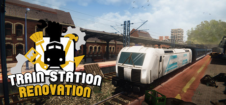 train station renovation logo. a train in a battered station.