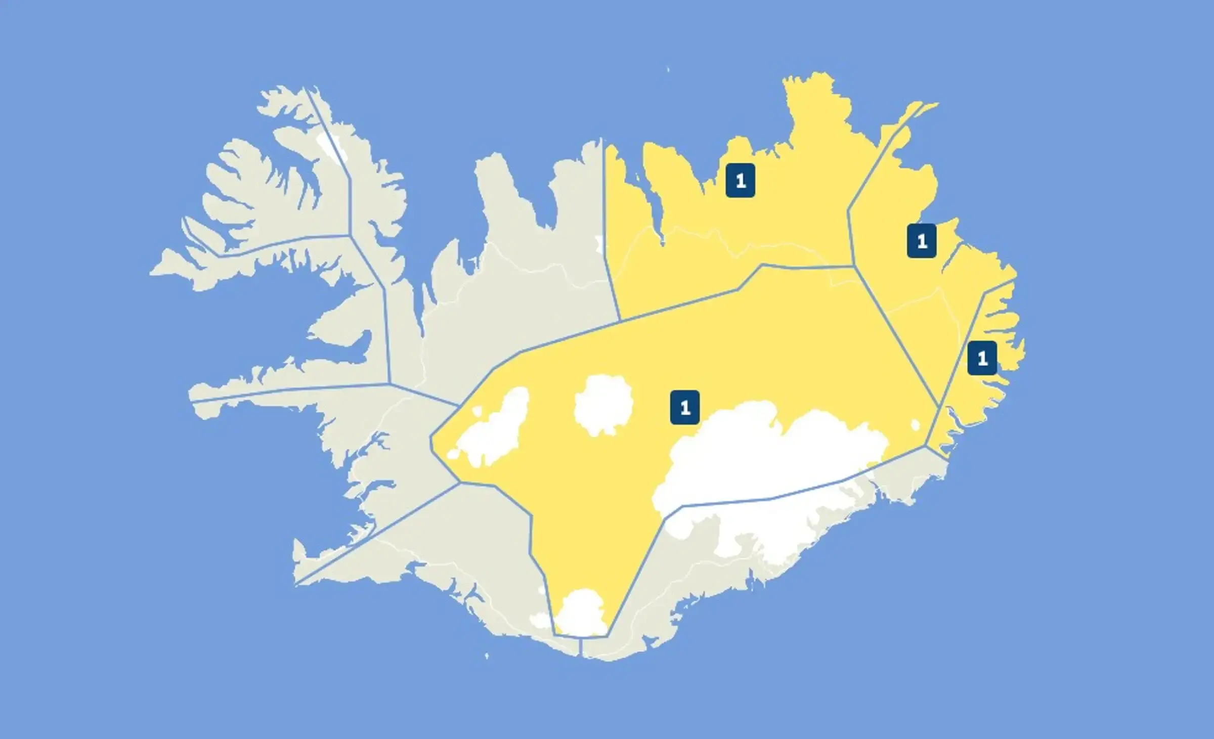 A map of Iceland with little over half of the island colored yellow, indicating areas that have yellow weather warnings.