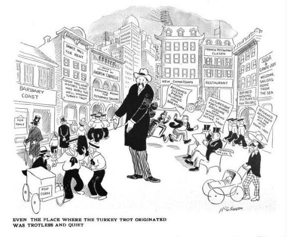 "Even the Place Where the Turkey Trot Originated was Trotless and Quiet."—1914 cartoon by John T. McCutcheon showing no dancing even at the Barbary Coast, San Francisco, a demonstration of the dance's dramatic decline in popularity. By Cobb, Irvin S. (author); John T. McCutcheon (illustrator). - Roughing It De Luxe. New York: George H. Doran Company., Public Domain, https://commons.wikimedia.org/w/index.php?curid=4836167