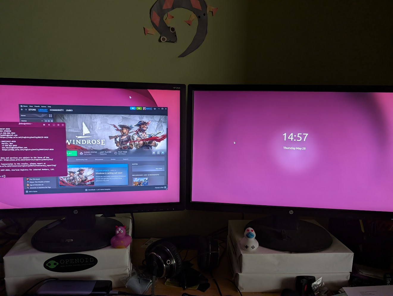 this is a screenshot of my Ubuntu 26.04 workstation, just after entering my password to unlock it. The left (secondary) monitor is active and everything there works normally; the right (primary) monitor still displays the lock screen a frozen cursor. This required a full Gnome3 session quit to resolve (which was only possible by issuing gnome-session-quit from the CLI after using a keyboard shortcut to spawn a new terminal, because all of the normal menus and tools are on the locked primary display!)
