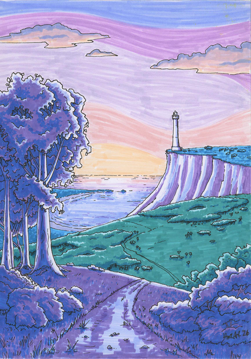 An ink and marker drawing of a view over rolling hills, out to sea. A stand of trees and bushes next to a path in the foreground leads the viewer to a lighthouse on a distant clifftop, overlooking a small bay. The picture has fine black outlines coloured in pinks, blues, purples and teal greens, with a little light yellow in the sunset on the horizon.