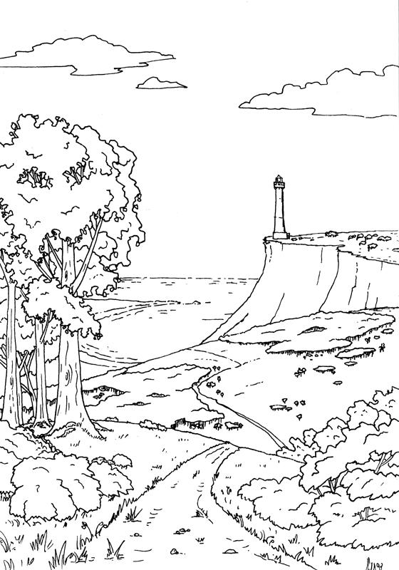 The same picture but at the line art stage, black outlines on a white page with no colour.