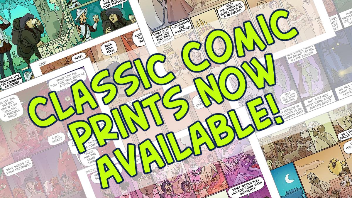 Text reads classic comic prints now available over a collage of oglaf comic strips.
