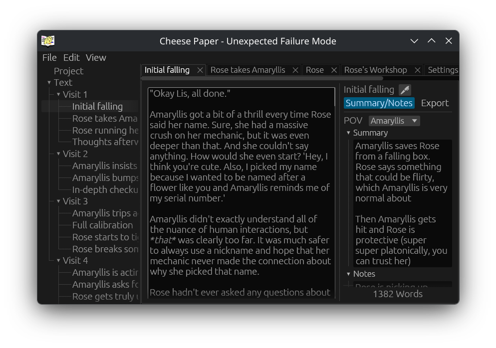 Screenshot of Cheese Paper opened to a project titled 'Unexpected Failure Mode'. There is a view of folders and scenes on the left, a main editor window with the text of the scene, and a summary and notes section on the sidebar
