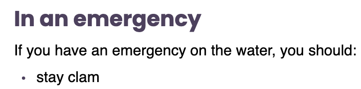 Text from a boating safety document that typos calm as clam. The full text reads: Header: In an emergency If you have an emergency on the water, you should: - stay clam