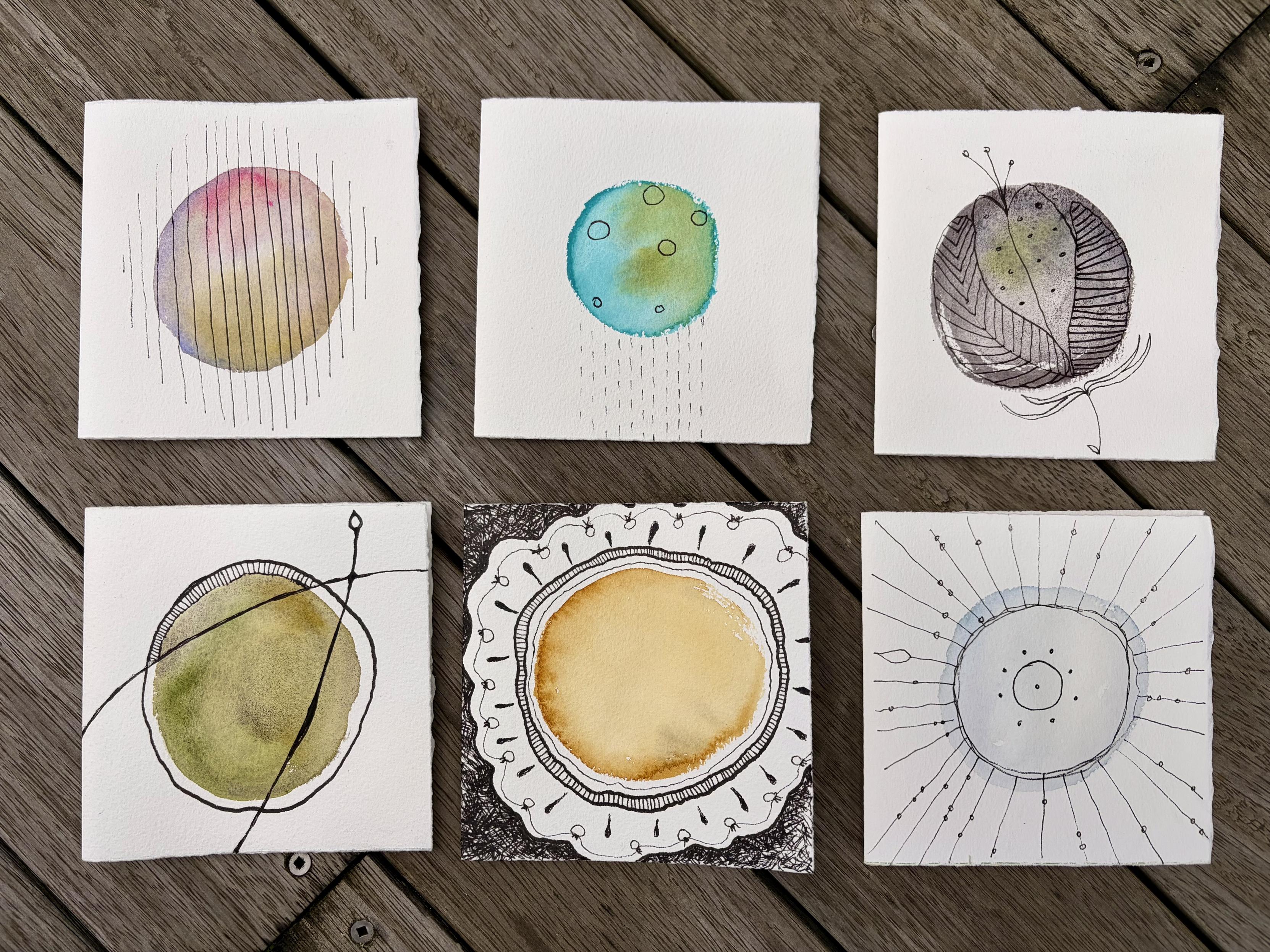 6 square cards. Each with a blob of colour and decorated with black liner in two line weights.