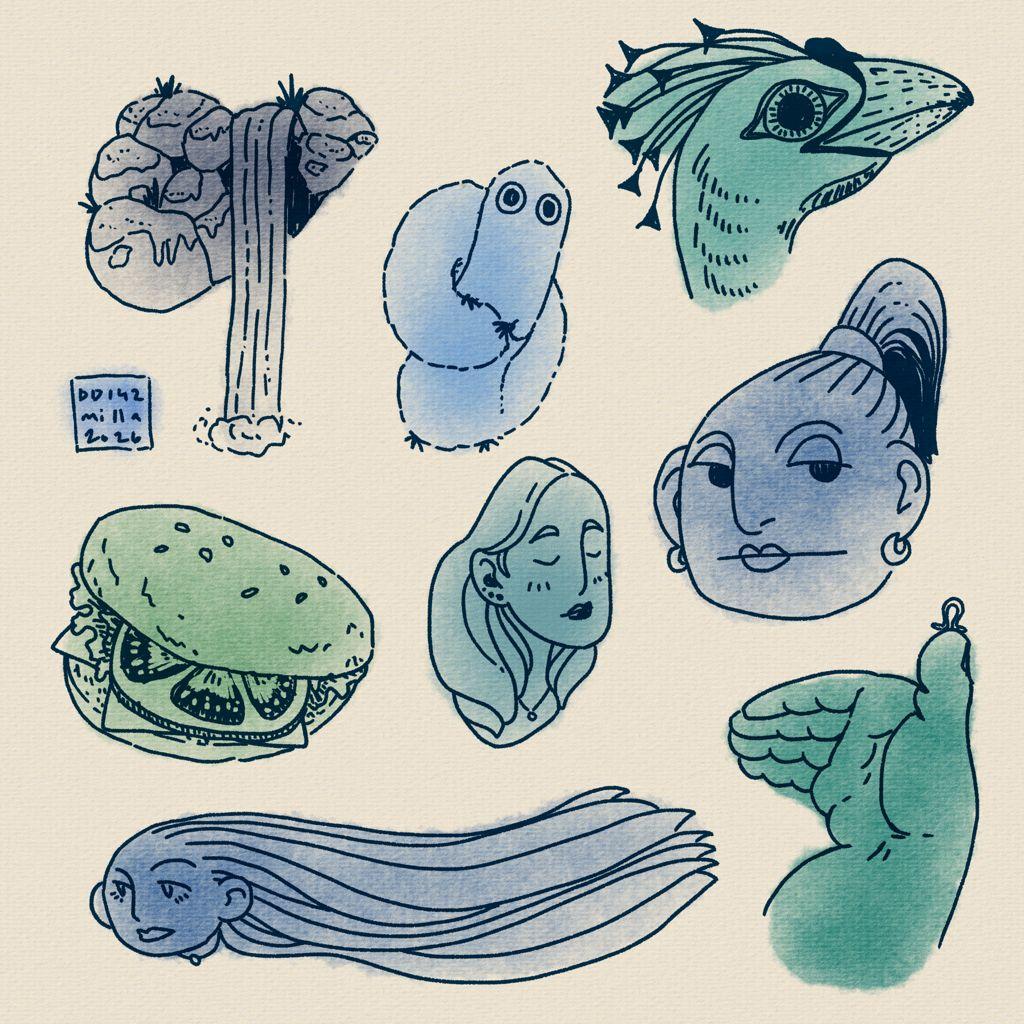 Digital watercolor doodle with multiple green-blue blobs with inked drawings on top of them. There are some odd shaped human and bird heads, a waterfall, a tomato sandwich, a fluffy mouse-snake-like creature with big eyes, and a hand holding a tiny caterpillar.