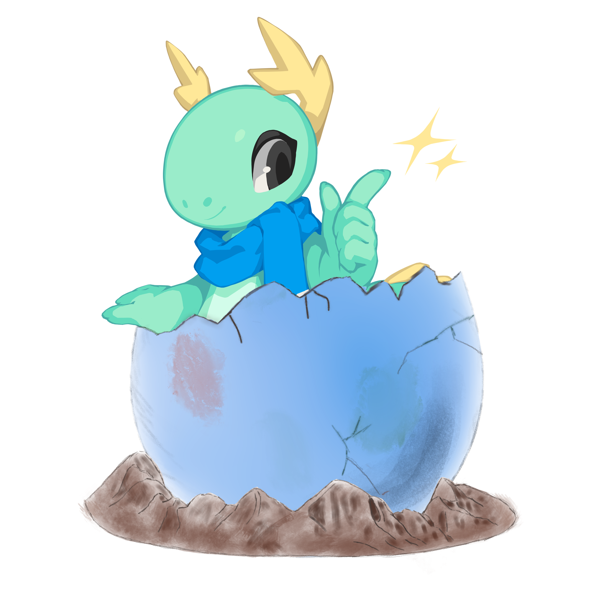 The egg from https://floss.social/@kde/116515643084742255 has burst open and Kori, KDE's non-binary 🏳️‍🌈 dragon, bursts into the world!