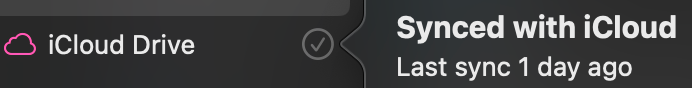 macOS Finder window showing iCloud Drive status popover "Last sync 1 day ago"