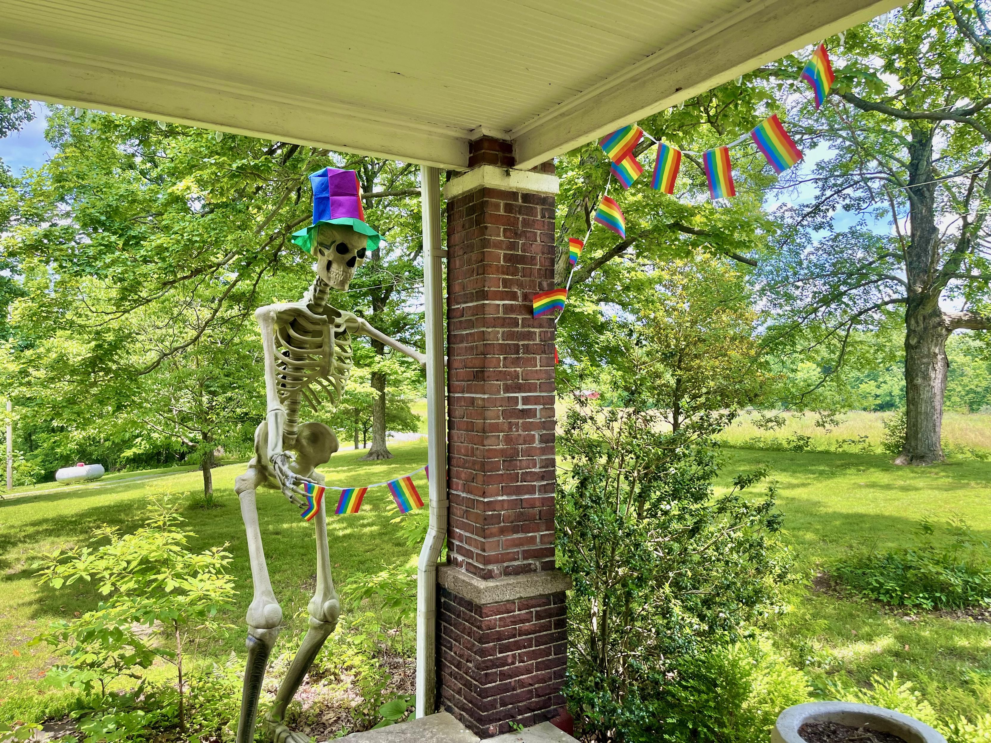 Skelly Duval helping to hang pride flags.