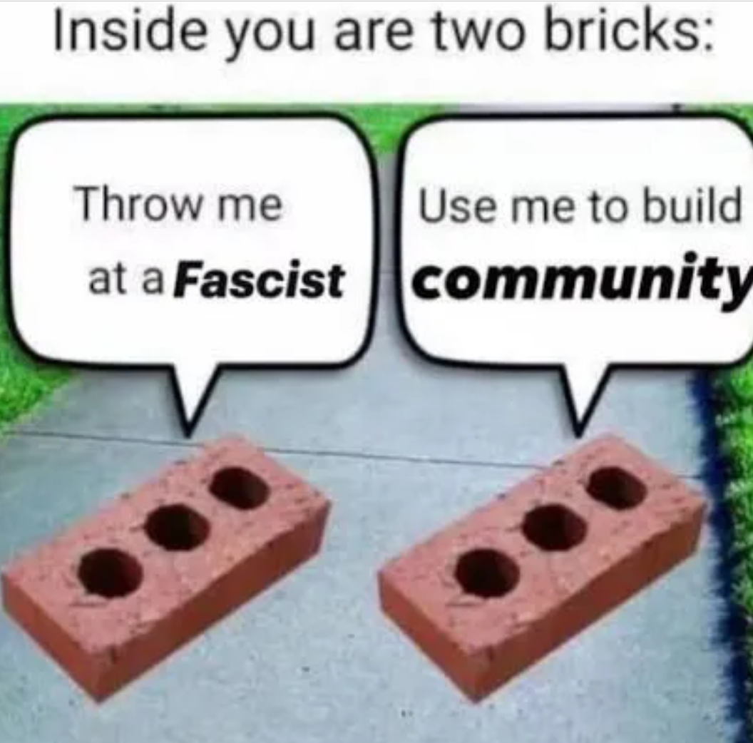Inside you are two bricks: Throw me at a Fascist Use me to build community