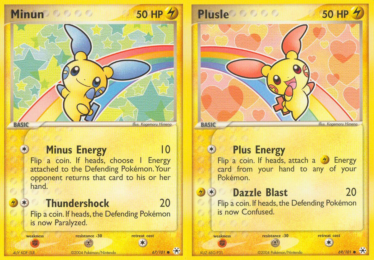 Two Pokémon cards displayed side by side; the one on the left is Minun and the one on the right is Plusle. Together, they form a connecting artwork joined by a rainbow shared in the background of each card.